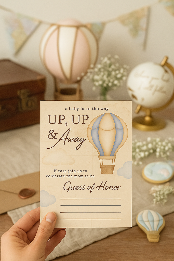Up, Up & Away – Printable Baby Shower Invitation (Travel Theme) Set the tone for an unforgettable “Our Next Adventure” baby shower with this vintage-map invitation featuring a soft watercolor hot-air balloon and cloud details. Elegant headings and clean blank lines let you hand-write the Guest of Honor, Date & Time, Address, and RSVP for a charming, personal touch. What you’ll get (instant download) A4 full-page PDF (prints one invite per page) US Letter full-page PDF 5×7 in PDF (exact size, full-bleed) 4×6 in PDF (exact size, full-bleed) 5×7 in – 2 per page PDF (A4) 5×7 in – 2 per page PDF (US Letter) Details Style: Vintage travel, pastel balloon, cream parchment map Text included: “a baby is on the way • UP, UP & Away • Please join us to celebrate the mom-to-be • Guest of Honor” four handwriting lines: Guest of Honor, Date & Time, Address, RSVP Color palette: warm cream, sky blue, soft beige, cocoa brown Resolution: high-print quality (300 DPI) How it works Purchase and download your files instantly. Print at home or with a local/online print shop. Trim (if using 2-per-page files), fill in the lines, and pop into envelopes. Printing tips Paper: 250–300 gsm matte or textured cardstock for best results. Envelopes: A7 for 5×7 in, A6 for 4×6 in. Make sure scaling is set to 100% / Actual Size (no “fit to page”). Perfect for “Our Next Adventure” / “Adventure Awaits” / “Up, Up & Away” baby showers Gender-neutral, boy, or girl celebrations Note: This is a digital product. No physical items will be shipped. For personal use only. If you need a custom color, wording, or a typed (fillable) version, message me—I’ll tailor it for you.